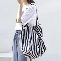 Striped Canvas Tote Bag for Women, Casual Shoulder Bag, Retro Art Handbag