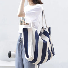 Striped Canvas Tote Bag for Women, Casual Shoulder Bag, Retro Art Handbag