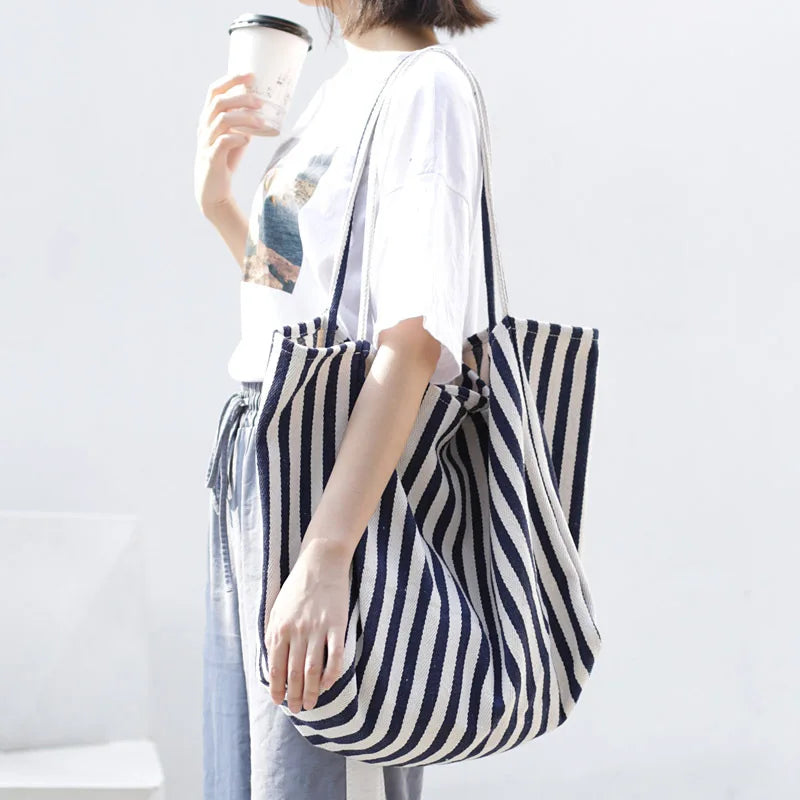 Striped Canvas Tote Bag for Women, Casual Shoulder Bag, Retro Art Handbag