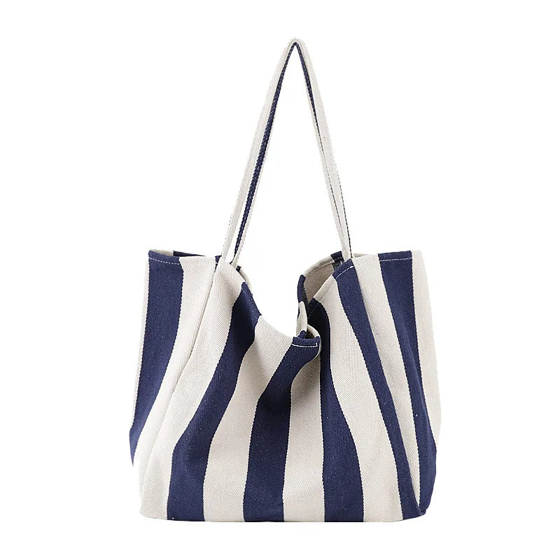 Striped Canvas Tote Bag for Women, Casual Shoulder Bag, Retro Art Handbag