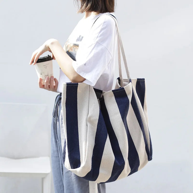 Striped Canvas Tote Bag for Women, Casual Shoulder Bag, Retro Art Handbag