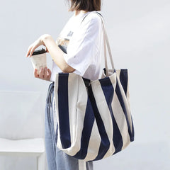 Striped Canvas Tote Bag for Women, Casual Shoulder Bag, Retro Art Handbag
