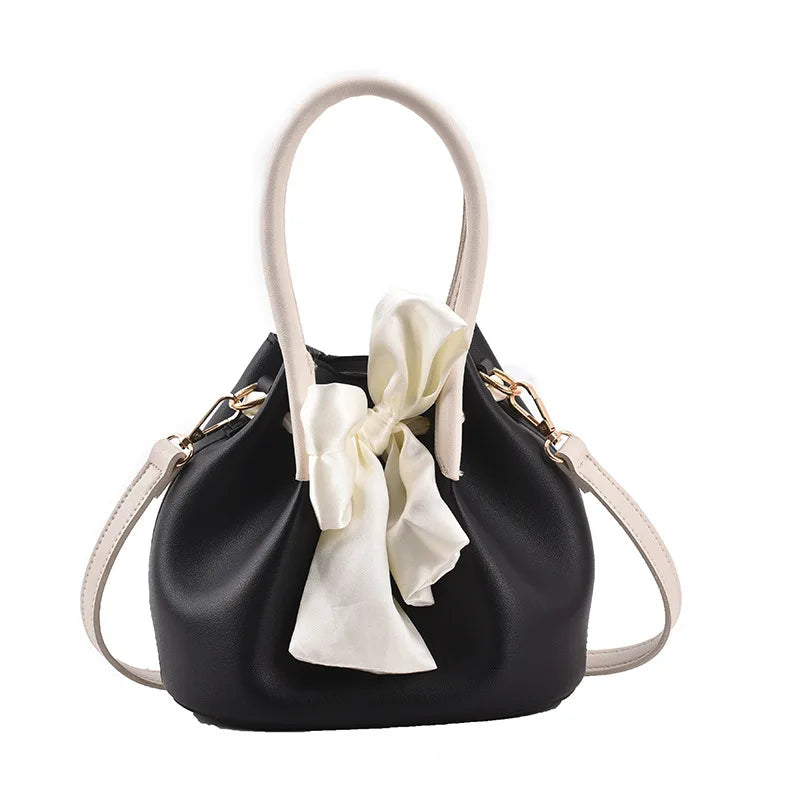 Retro Solid Bucket Bag with Bow Detail