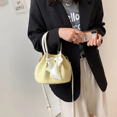 Retro Solid Bucket Bag with Bow Detail