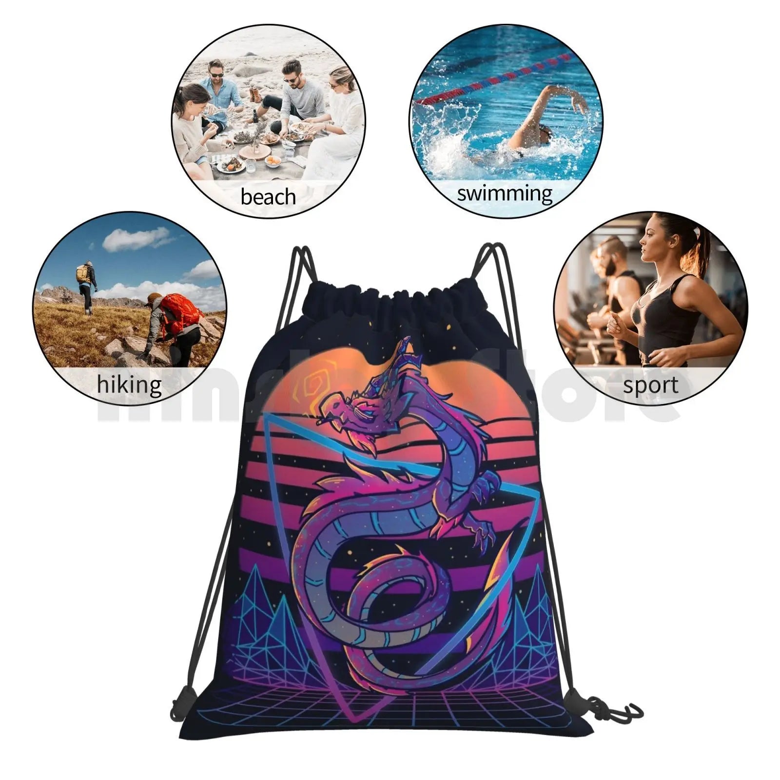 Retrowave Dragon Backpack Drawstring Bag Outrun