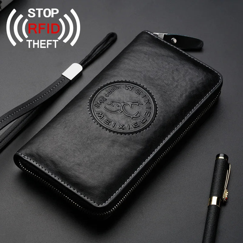RFID Leather Men Wallet Long Business Clutch Hand Bag Phone Purse