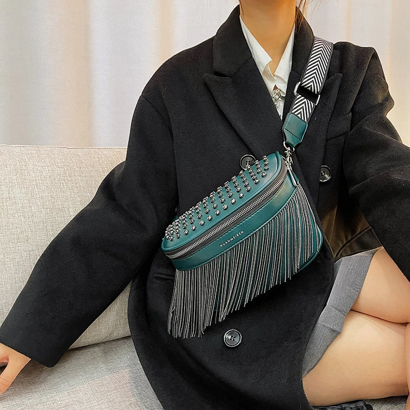 Leather Waist Pack Fanny Pack Chest Bag Tassel Crossbody Belt Bag Phone Pouch