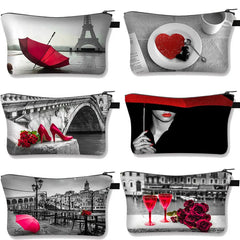 Red&Black Rose Embroidery Cosmetic Case Woman travel Bag