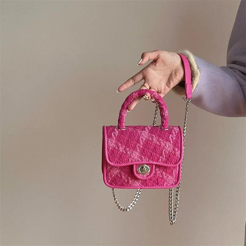 Rose Pink Lock Shoulder Bag Plaid Small Square Crossbody