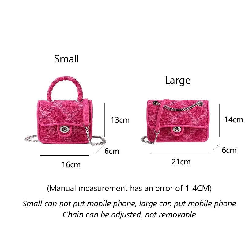 Rose Pink Lock Shoulder Bag Plaid Square Crossbody Clutch
