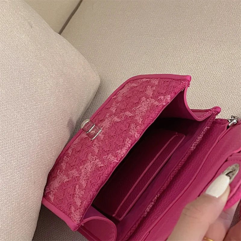 Rose Pink Women Shoulder Bag Small Crossbody Plaid Lock Square