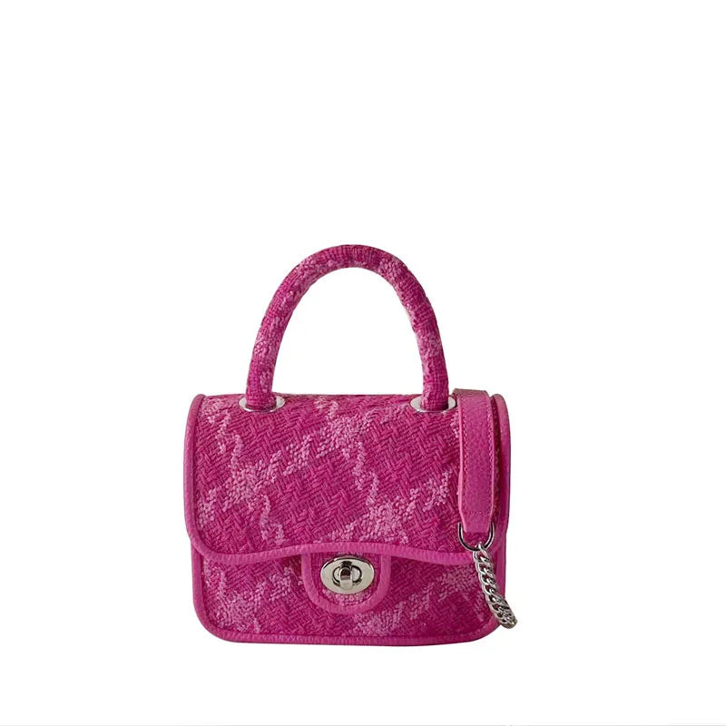 Rose Pink Lock Shoulder Bag Plaid Square Crossbody Clutch