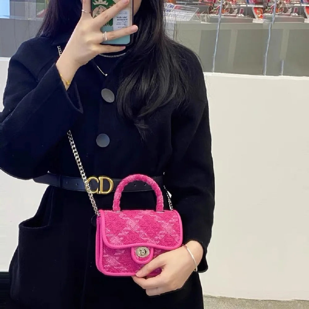 Rose Pink Lock Shoulder Bag Plaid Square Crossbody Clutch