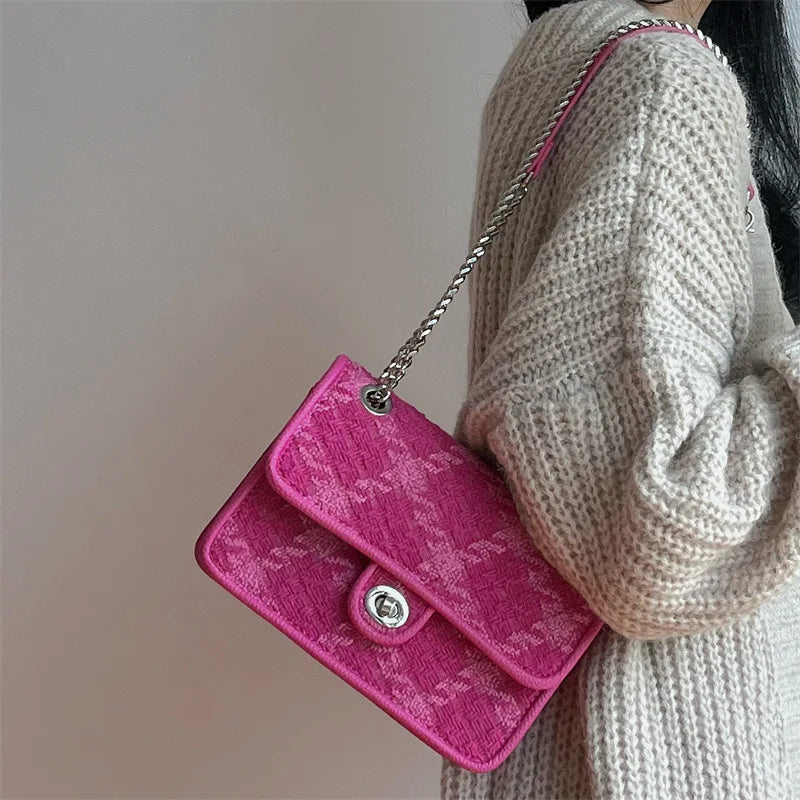 Rose Pink Lock Shoulder Bag Plaid Square Crossbody Clutch