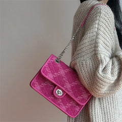 Rose Pink Lock Shoulder Bag Plaid Square Crossbody Clutch