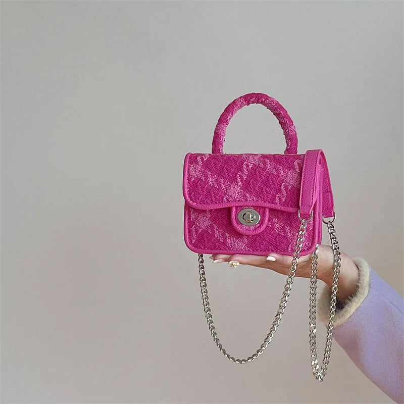 Rose Pink Plaid Lock Shoulder Bag Women's Small Crossbody
