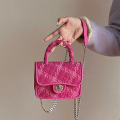 Rose Pink Women Shoulder Bag Small Crossbody Plaid Lock Square