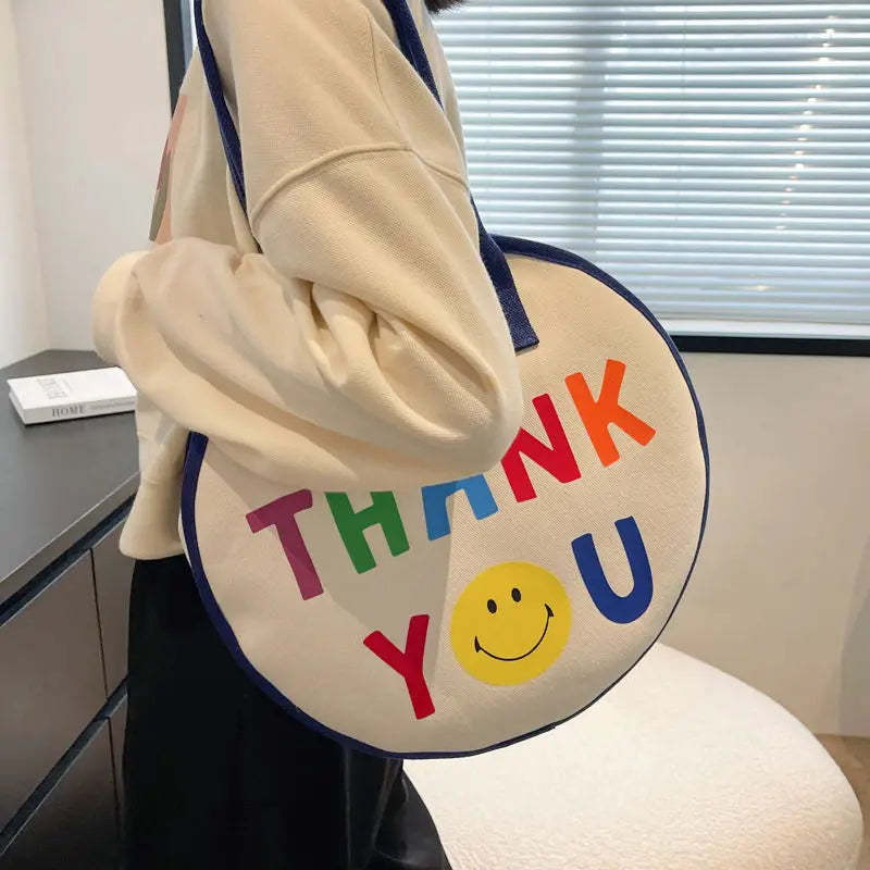Round Cartoon Canvas Bag Large Capacity Handbags Shoulder Bags