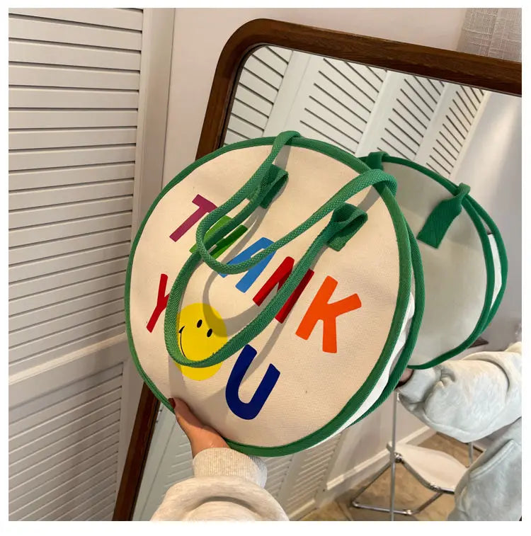 Round Cartoon Canvas Bag Large Capacity Handbags Shoulder Bags