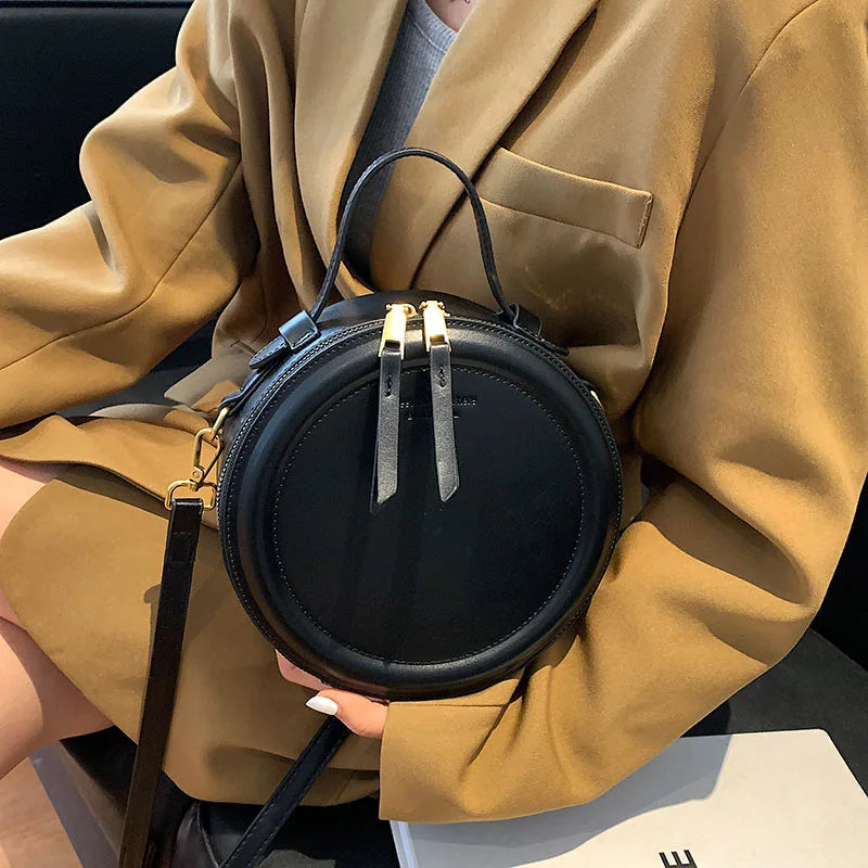 Round Leather Crossbody Bag for Women Retro Clutch Purse