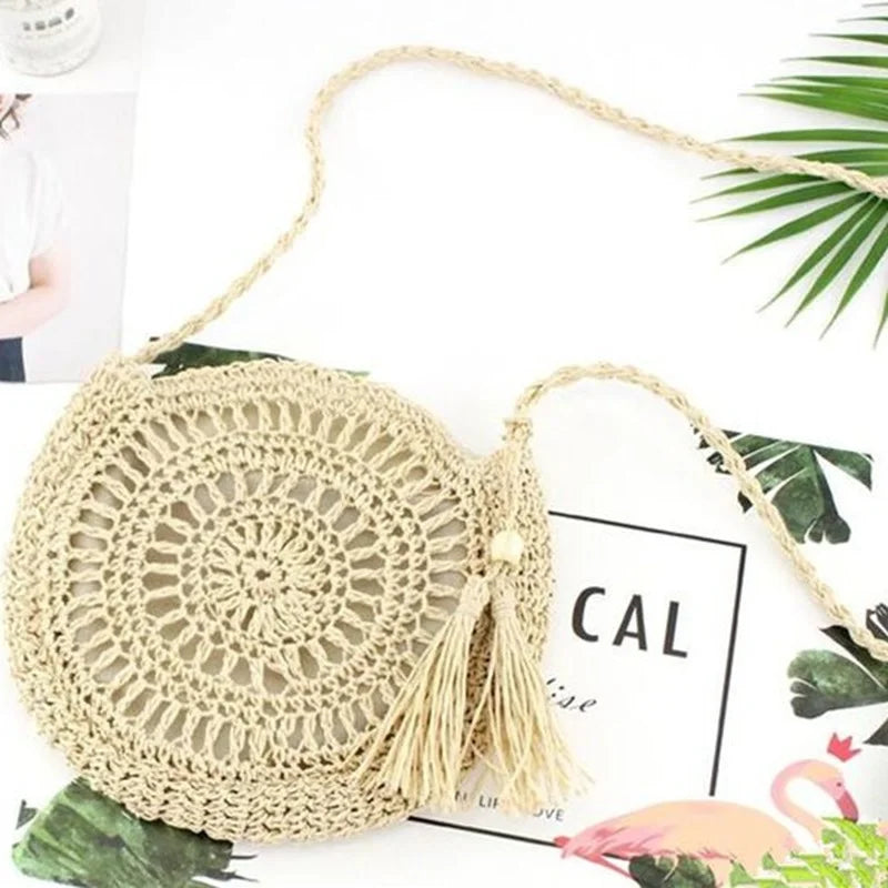 Summer Beach Shoulder Bag Round Rattan Circle Straw Bag Tassel Crossbody