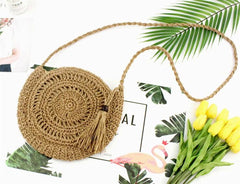 Summer Beach Shoulder Bag Round Rattan Circle Straw Bag Tassel Crossbody