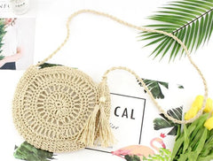 Summer Beach Shoulder Bag Round Rattan Circle Straw Bag Tassel Crossbody