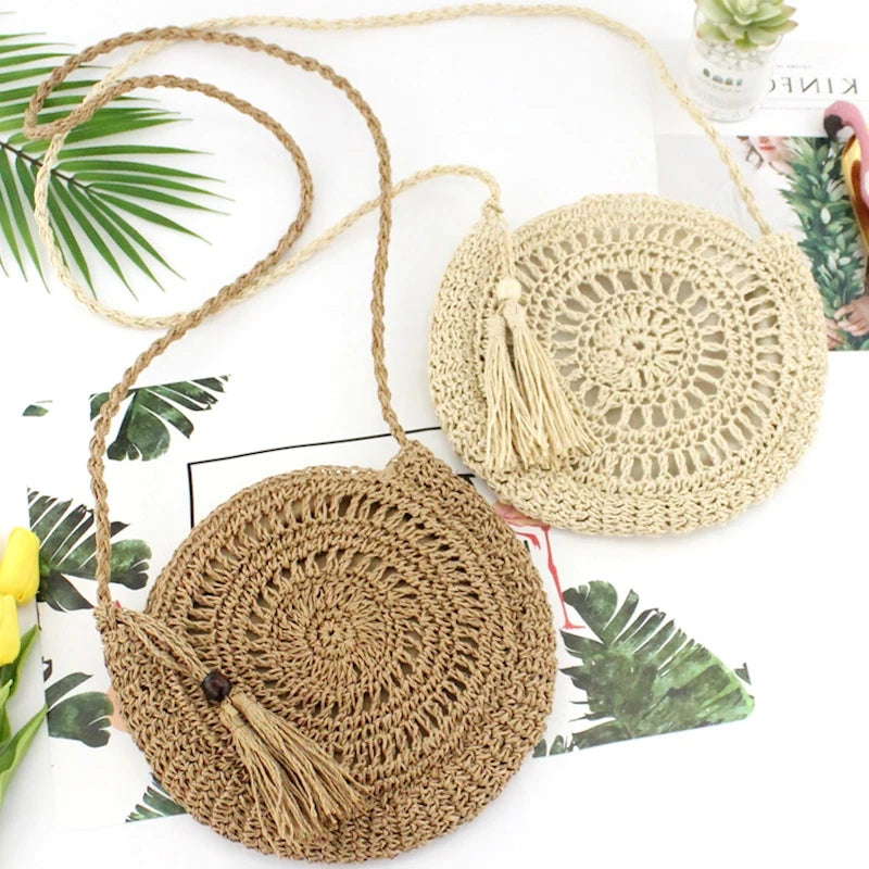 Summer Beach Shoulder Bag Round Rattan Circle Straw Bag Tassel Crossbody