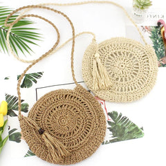 Summer Beach Shoulder Bag Round Rattan Circle Straw Bag Tassel Crossbody