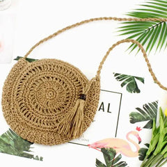 Summer Beach Shoulder Bag Round Rattan Circle Straw Bag Tassel Crossbody