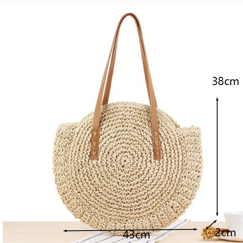 Round Straw Beach Bag Vintage Woven Shoulder Bag