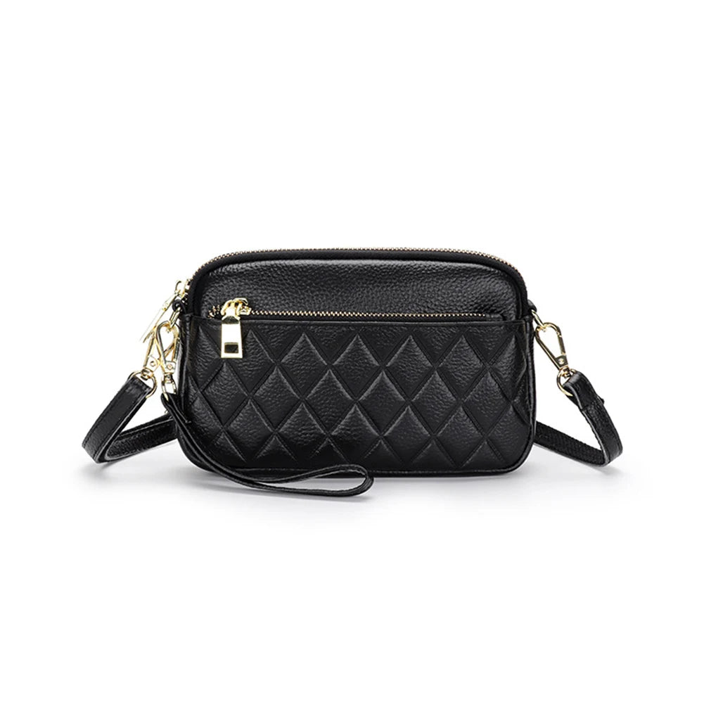 Cow Leather Shoulder Bag Women Long Purse Sling Bag Rhombus Pattern Cowhide