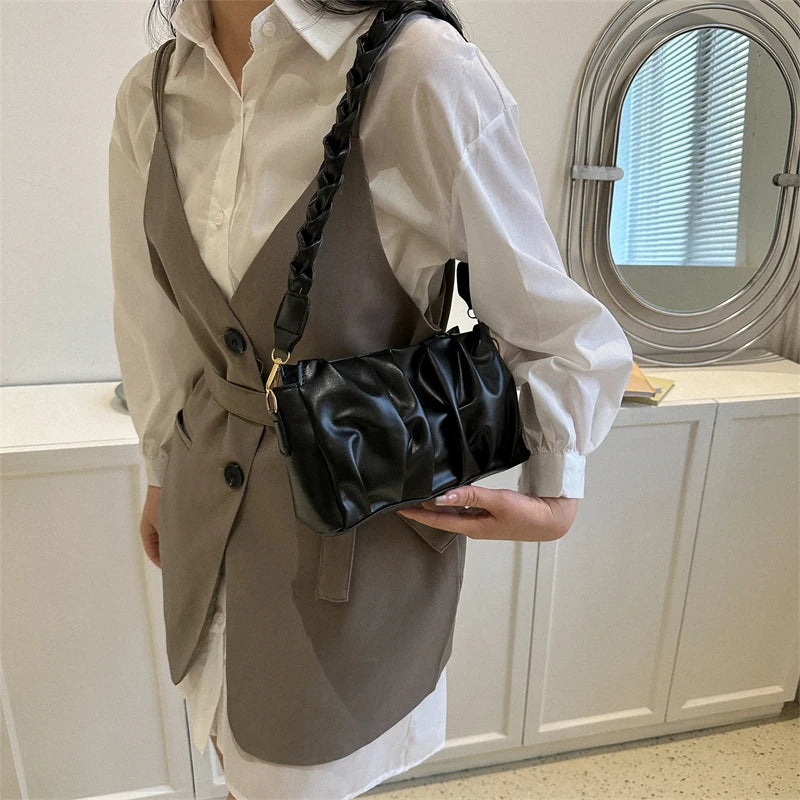Ruched Shoulder Bag Crossbody Purse Solid Female Handbags Tote