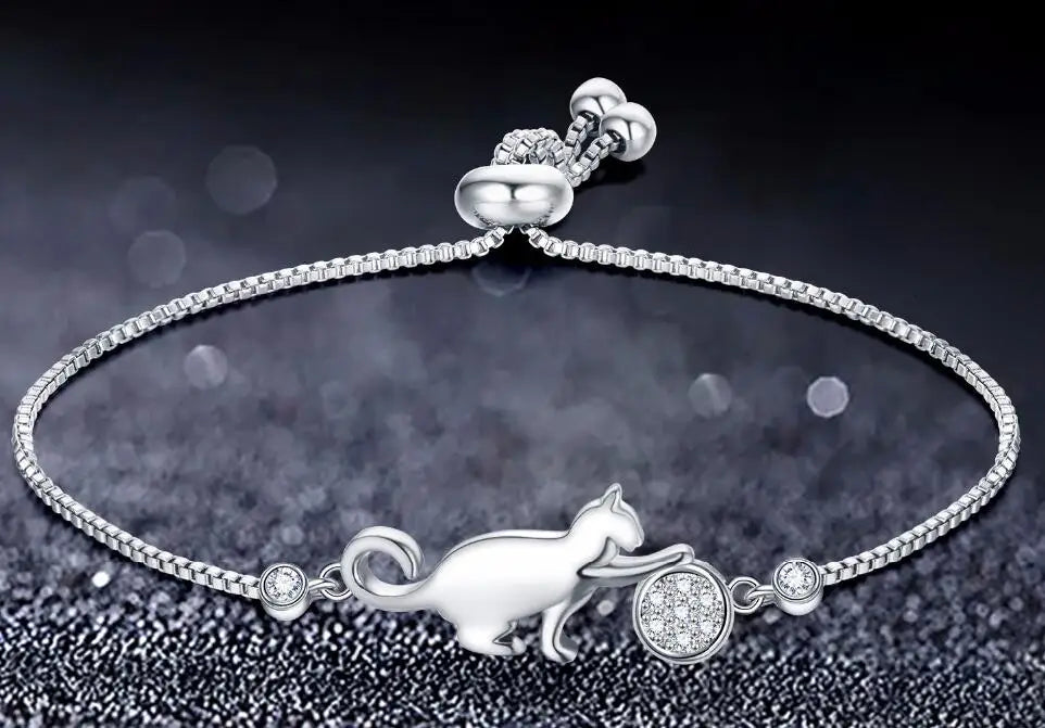 Zircon Cat Ball Chain Bracelet Silver Adjustable Party Jewelry