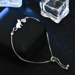 Zircon Cat Ball Chain Bracelet Silver Adjustable Party Jewelry