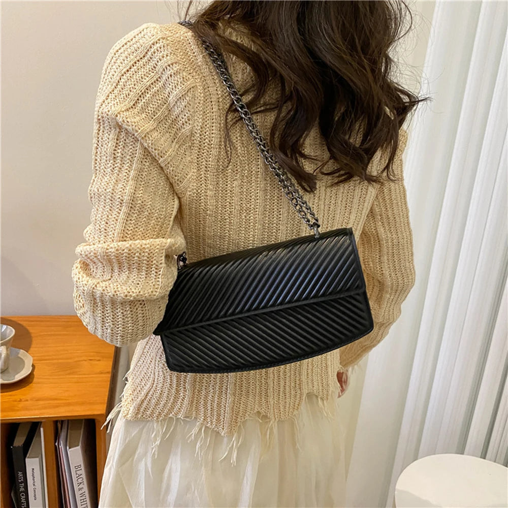 Striped Print Shoulder Handbags Female Travel Flap Small PU Leather Crossb