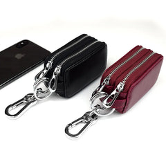 Leather Double Zipper Car Key Holder Organizer Pouch Keychain Holder