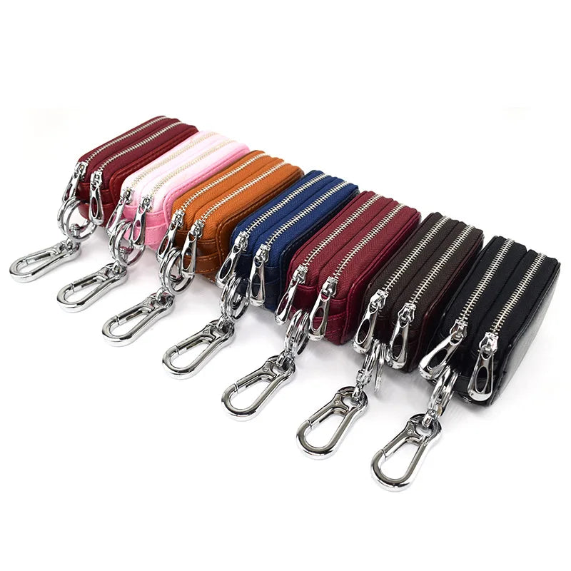 Leather Double Zipper Car Key Holder Organizer Pouch Keychain Holder