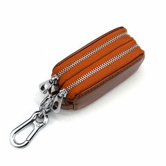 Leather Double Zipper Car Key Holder Organizer Pouch Keychain Holder