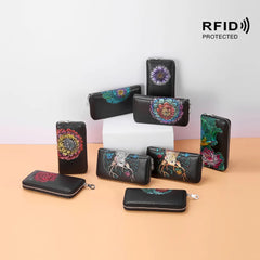 RFID Blocking Leather Women Wallet Clutch Carving&Painting