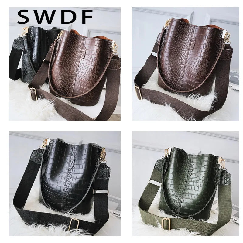 Crocodile Crossbody Bag PU Leather Bucket Bag Female Handbag