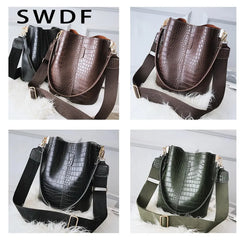 Crocodile Crossbody Bag PU Leather Bucket Bag Female Handbag