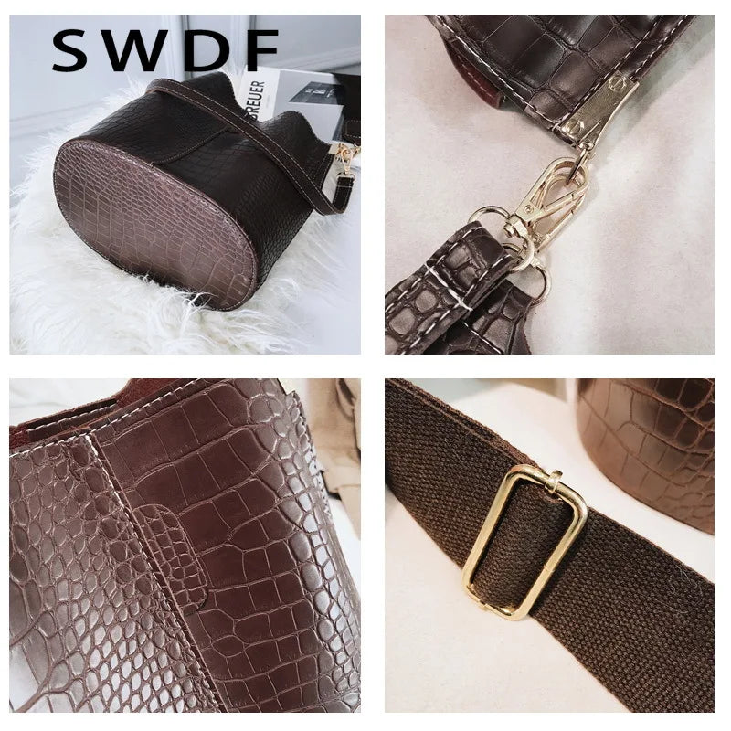 Crocodile Crossbody Bag PU Leather Bucket Bag Female Handbag