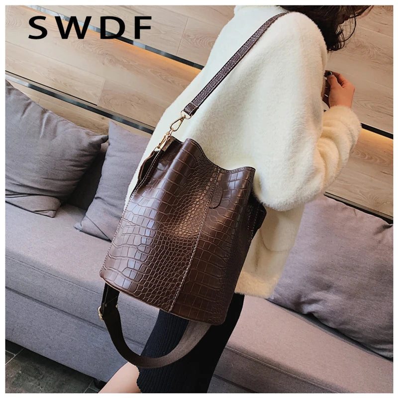Crocodile Crossbody Bag PU Leather Bucket Bag Female Handbag