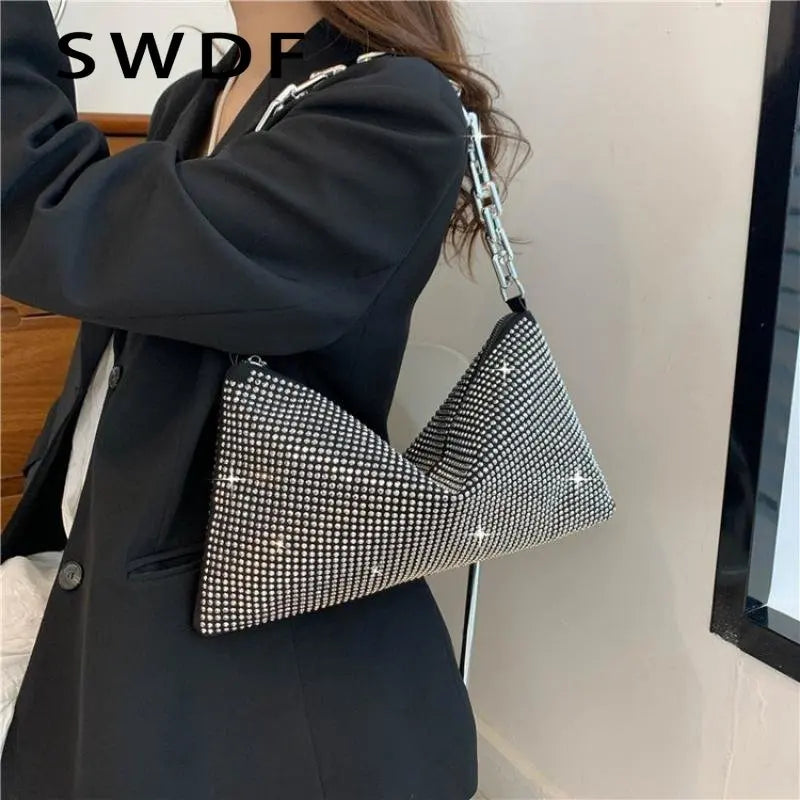 Diamonds Shoulder Bag Silver Evening Clutch Solid Small Flap Handbags