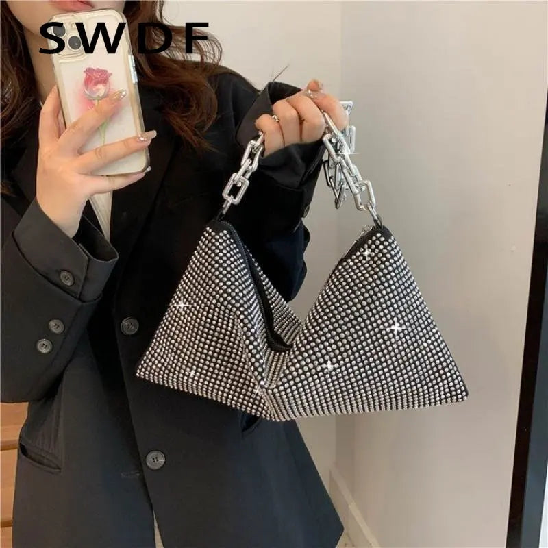 Diamonds Shoulder Bag Silver Evening Clutch Solid Small Flap Handbags