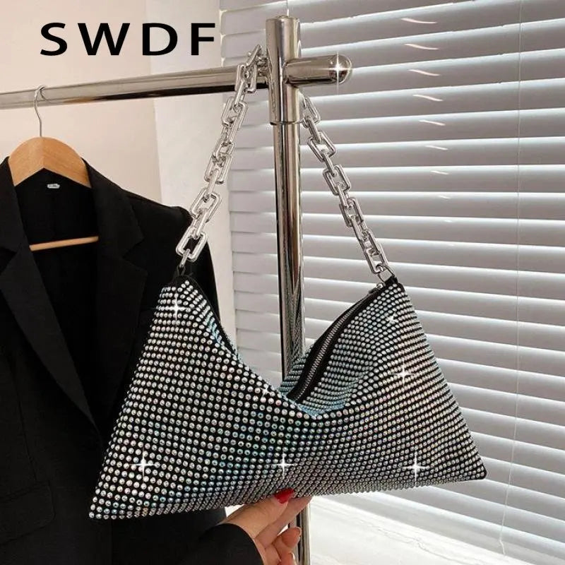Diamonds Shoulder Bag Silver Evening Clutch Solid Small Flap Handbags