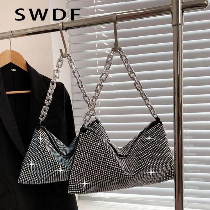 Diamonds Shoulder Bag Silver Evening Clutch Solid Small Flap Handbags