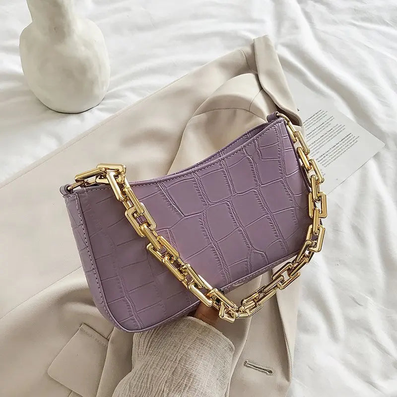 Stone Pattern PU Leather Armpit Bag Metal Chain Shoulder Handbag