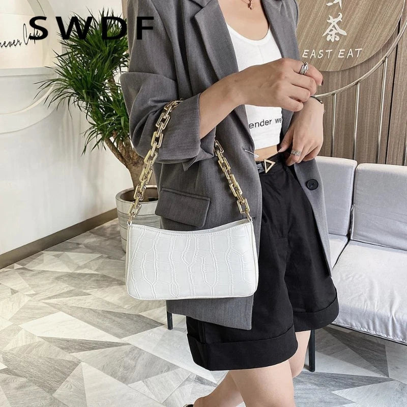Stone Pattern PU Leather Armpit Bag Metal Chain Shoulder Handbag